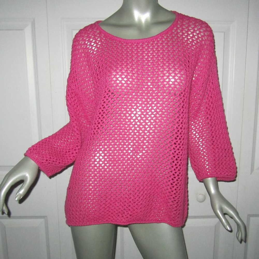 JONES NEW YORK Bright Pink Crochet Cotton Sweater NWT